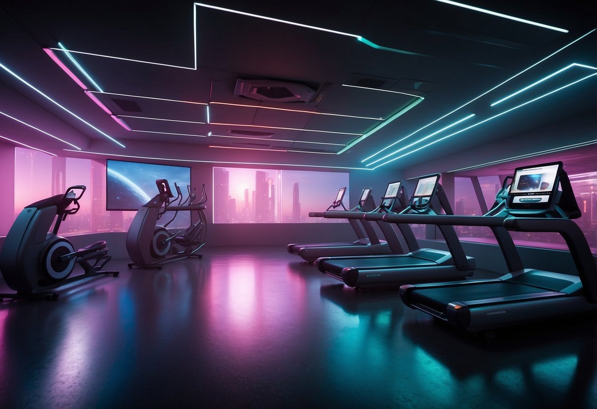 Feature image A futuristic gym with holographic workout programs, virtual reality equipment, and advanced fitness technology. The space is sleek and minimalistic, with neon lighting and high-tech exercise machines